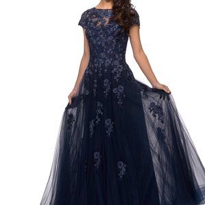 NAVY - La Femme tulle gown with floral lace and sheer yoke